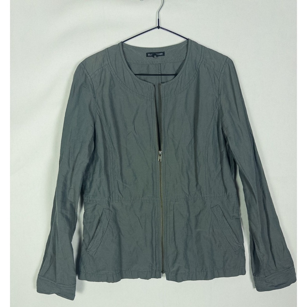 Eileen Fisher Gray Zip Front Lightweight Jacket Cinched Waist Cotton Womens M